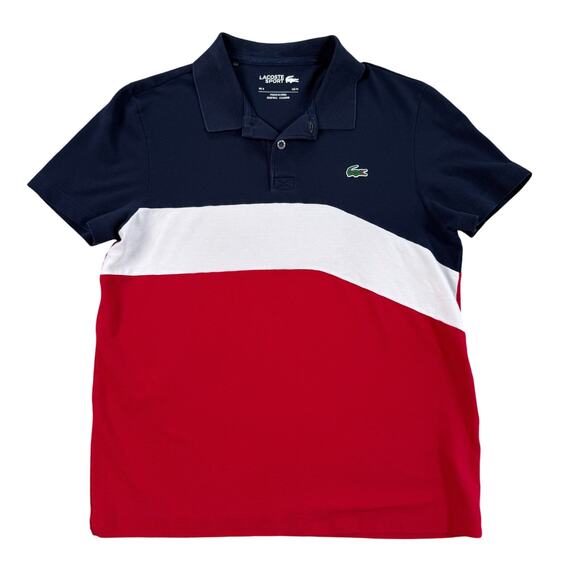 Lacoste Polo Shirt Mens M Colorblock Collar  Navy Red White Regular Fit - Picture 1 of 8